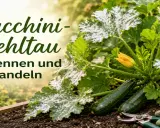Zucchini-Mehltau befällt die Blätter einer Zucchinipflanze. Erkennen und behandeln Sie diesen Pilz frühzeitig für gesunde Ernte.