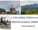 Łysa Hora, Beskid Śląsko-Morawski: budynek, wieża, krajobraz górski i rzeźba jelenia.