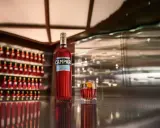 Eine Flasche Campari und ein Glas mit dem roten Aperitif stehen auf einer glänzenden Theke. Die Frage "wie schmeckt Campari?" wird durch den Anblick des ikonischen Getränks aufgeworfen.