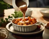 Brunsås recept: Krämig sås hälls över gyllene potatisbitar i en vit skål. En klassisk svensk rätt.