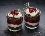 Zwei Schokoladen-Kirsch-Desserts im Glas, geschichtet mit dunklem Kuchen, Kirschen und Sahne, garniert mit frischen Kirschen und Rosmarin.