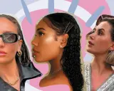 Drei Frauen mit glänzendem, nassem Haar und stylischem Schmuck. Eine trägt Sonnenbrille, die andere hat Haarnadeln im Haar.