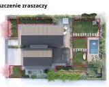 Wizualizacja rozmieszczenia zraszaczy na planie ogrodu z zaznaczonymi obszarami i zasięgami.