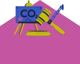Ein Hammer liegt auf einem Schild mit der Aufschrift "CO2". Dies symbolisiert die Regulierung von CO2-Emissionen.