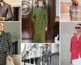 Collage showcasing various types of plaid: a man in a grey suit, a woman in a houndstooth jacket, a model in a green plaid coat, a man in a plaid shirt, and a woman in a red gingham top.