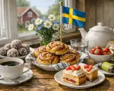 En härlig fika med kanelbullar, jordgubbstårta, chokladbollar och en kopp svenskt kaffe. En svensk flagga vajar i bakgrunden.