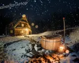 Nocą w bacówce u Winiarskich, przytulny drewniany domek i gorąca balia w śnieżnej scenerii.