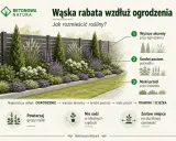 Wąska rabata przy płocie z warstwami roślin: wysokie przy ogrodzeniu, średnie pośrodku, niskie przy trawniku.