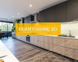 Cuisine moderne avec îlot central, présentée en 3D. Idéal pour votre projet de logiciel conception cuisine gratuit.