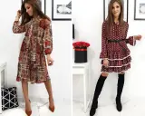 Dwie kobiety prezentują sukienki w stylu vintage: jedna w patchworkowy wzór, druga w grochy.