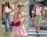 Three women showcase y2k era fashion: one in baggy jeans and a white tank, another in a pink tweed set, and a third in a floral skirt and cherry-print top.