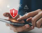 Ochrona iPhone'a przed wirusami i zagrożeniami. Ikony bezpieczeństwa i ostrzeżenia nad smartfonem.