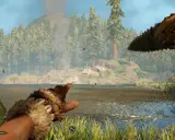 Gracz w grze survivalowej, podobnej do Far Cry, celuje z prymitywnej broni w kierunku jeziora i lasu.