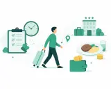 Planowanie podróży służbowej: lista zadań, zegar, walizka, hotel, posiłek i portfel. Zastanawiasz się, ile wynosi dieta w delegacji?