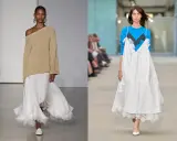 Outfit con abito sottoveste: un maglione beige oversize su un abito bianco con piume, e un abito bianco su maglia blu con pizzo.