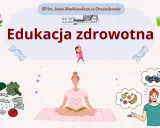 Edukacja zdrowotna w szkole. Grafika przedstawia mózg, owoce, warzywa, ryby, ćwiczenia i medytację.