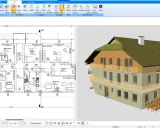 Grundriss 1:50 eines Mehrfamilienhauses mit detaillierter Raumaufteilung und 3D-Ansicht des Gebäudes.