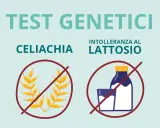 Test genetici per celiachia e intolleranza al lattosio: spighe di grano e bottiglia di latte con divieto.