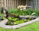 Un estanque en el jardín con cascada, lirios y decoración de grulla. Ideal para aprender como hacer un estanque en el jardin.