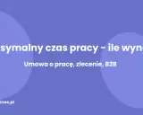 Grafika z tekstem "Maksymalny czas pracy – ile wynosi? Umowa o pracę, zlecenie, B2B" na fioletowym tle.