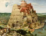 La tour de Babel aujourd'hui : une immense structure en construction, grouillant d'ouvriers et de navires, dominée par une ville et un paysage verdoyant.