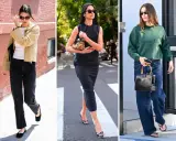 Trzy kobiety prezentują styl casualowy: jedna w beżowej kurtce i czarnych jeansach, druga w czarnej sukience, trzecia w zielonej bluzie i szerokich jeansach.