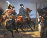 Napoleon und seine Generäle im Kampf während der Befreiungskriege. Soldaten in Uniformen stehen bereit.