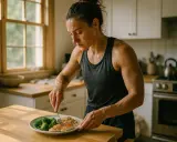 Mujer atlética prepara su comida, calculando las calorías de los alimentos: pollo, brócoli y arroz.