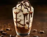 En läcker chokladig mudslide drink med glass, chokladsås och strössel.