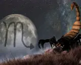 Skorpion na tle księżyca z symbolem zodiaku i rozgwieżdżonego nieba. Tajemniczy ascendent w skorpionie.