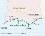 Karte der Algarve mit Routen von Sagres über Lagos, Armação de Pêra, Faro, Tavira bis Monte Gordo. Zeigt Radtouren und Transfers.