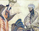 Ein geflügeltes Wesen mit Krone deutet auf einen Mann. Vielleicht eine Darstellung, was sind Jinns, Wesen zwischen Mensch und Engel.