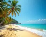 Plaża ze Sri Lanki z palmami, turkusową wodą i piaszczystym brzegiem.