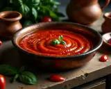 Gęsty, aromatyczny sos do pizzy w misce, ozdobiony listkiem bazylii. Wokół świeże pomidorki i gliniane naczynia.