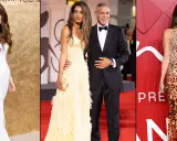 Amal Clooney stuns in a pale yellow lace gown next to George Clooney in a tuxedo. Another woman in a white dress and one in a sequined dress are also pictured.