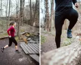 Frau und Mann joggen im Wald, trotz des Regens. Sie sind sportlich gekleidet und genießen die Natur.