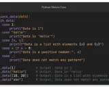 Kod Pythona demonstrujący `python switch` (match-case) do przetwarzania danych, z przykładami dla liczb, stringów i list.