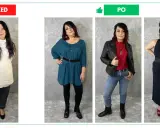 Kobieta prezentuje cztery różne stylizacje: luźny sweter i spodnie, sukienkę, jeansy z ramoneską i sukienkę maxi.