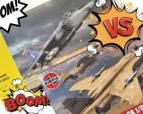 Zwei Modellbausätze von Kampfjets, Heller und Airfix, im Comic-Stil. Ein "BOOM!"-Effekt und "VS" deuten auf einen Wettbewerb hin.