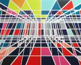 Abstract geometric artwork with a sense of depth, featuring colorful triangles and rectangles. This is a vibrant example of pattern.