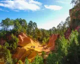 Des randonneurs explorent le sentier des ocres, un paysage spectaculaire aux falaises rouges et jaunes, bordé de pins verts sous un ciel bleu.