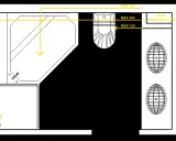 Schemat łazienki z wanną, WC i umywalkami. Określono maksymalną odległość WC od pionu kanalizacyjnego: 120 mm.
