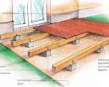 Budowa tarasu drewnianego na gruncie: legary na betonowych słupkach fundamentowych, przyścienna belka i deski tarasowe.