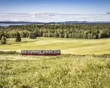 Roter Zug fährt durch grüne schwedische Landschaft. #Inlandsbanan.