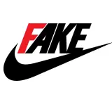 Das Wort "FAKE" in Rot und Schwarz über dem Nike-Swoosh. Ein Hinweis auf gefälschte Nike-Produkte, die vielleicht in Vietnam hergestellt wurden.
