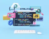 Kreatywny frontend: kod HTML/CSS, JS, PHP, chmura, lupa, klawiatura i myszka symbolizują tworzenie stron internetowych.