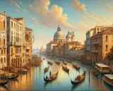 Venise, un paysage de rêve à la Canaletto, avec ses canaux, ses gondoles et ses palais dorés sous un ciel nuageux.