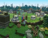 Postać na koniu przemierza wioskę w grze Minecraft Legends, otoczoną lasem i budynkami.