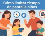 Familia en un sofá con iconos de calendario, reloj, silencio y prohibición de pantallas.