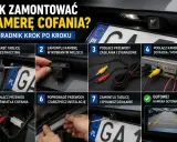 Instrukcja montażu kamery cofania na tylnej szybie: odkręcanie tablicy, mocowanie kamery, podłączanie przewodów zasilania i sygnału do radia/monitora, podłączenie do światła cofania, prowadzenie przewodów i sprawdzenie działania.